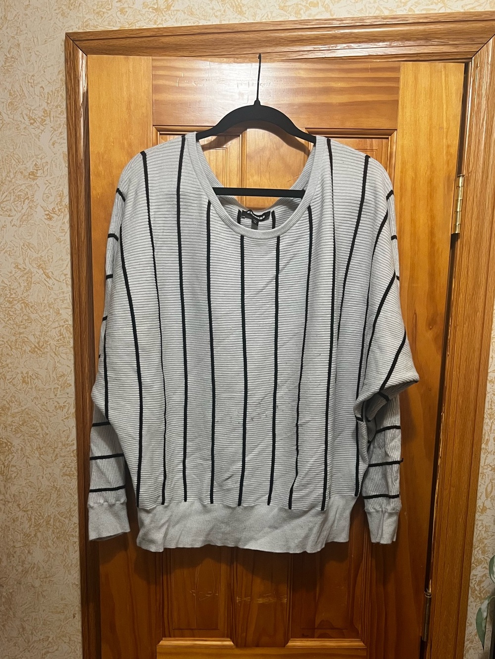 Express Light Gray Crewneck Sweater with Black Vertical Stripes